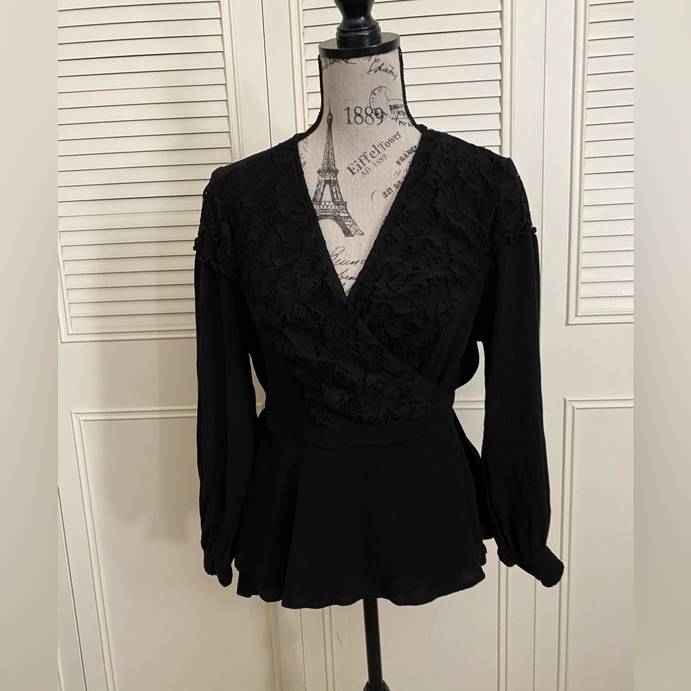 Torrid black gauze surplice wrap blouse peplum lace witchy boho goth romantic